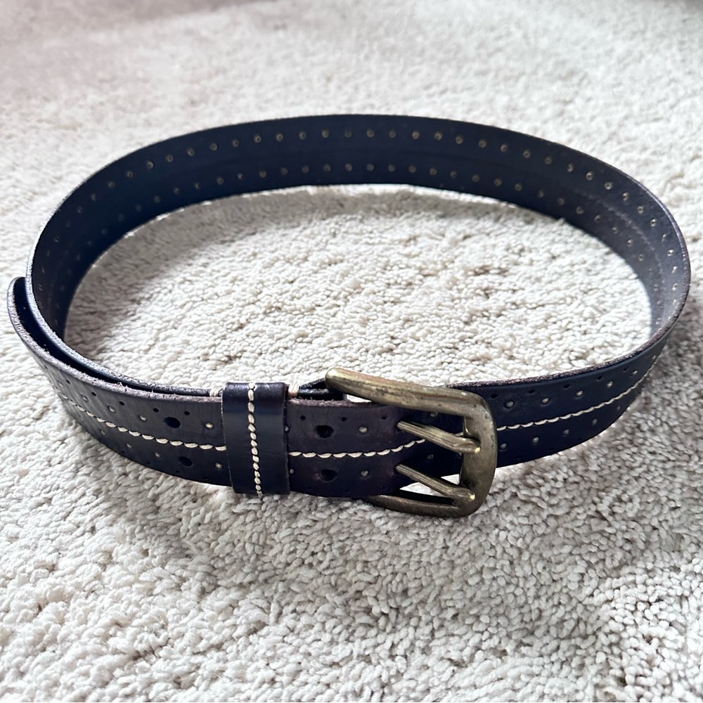 Lucky Brand Vintage Black Leather Wide Belt Tan Stitching Brass Buckle Size 32